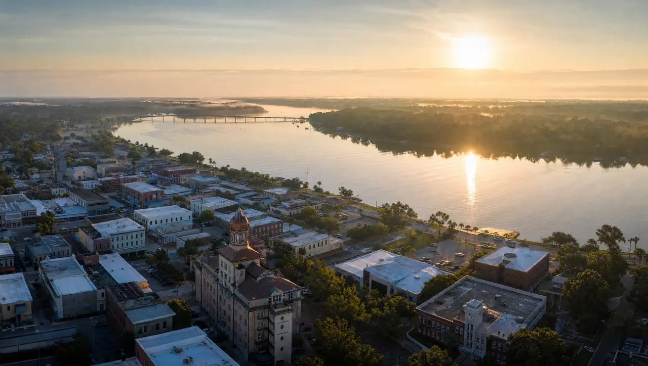 Aerial view of a North Florida river town at dawn, historic buildings along the waterfront and the St. Johns River catching the sunrise.
