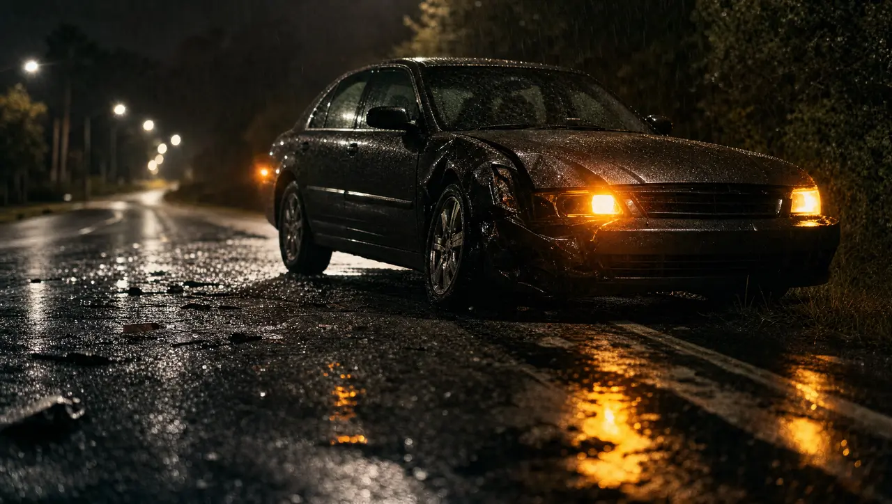 A damaged car stopped at an angle on a wet roadway at night, hazard lights glowing and debris scattered across the asphalt in the rain.