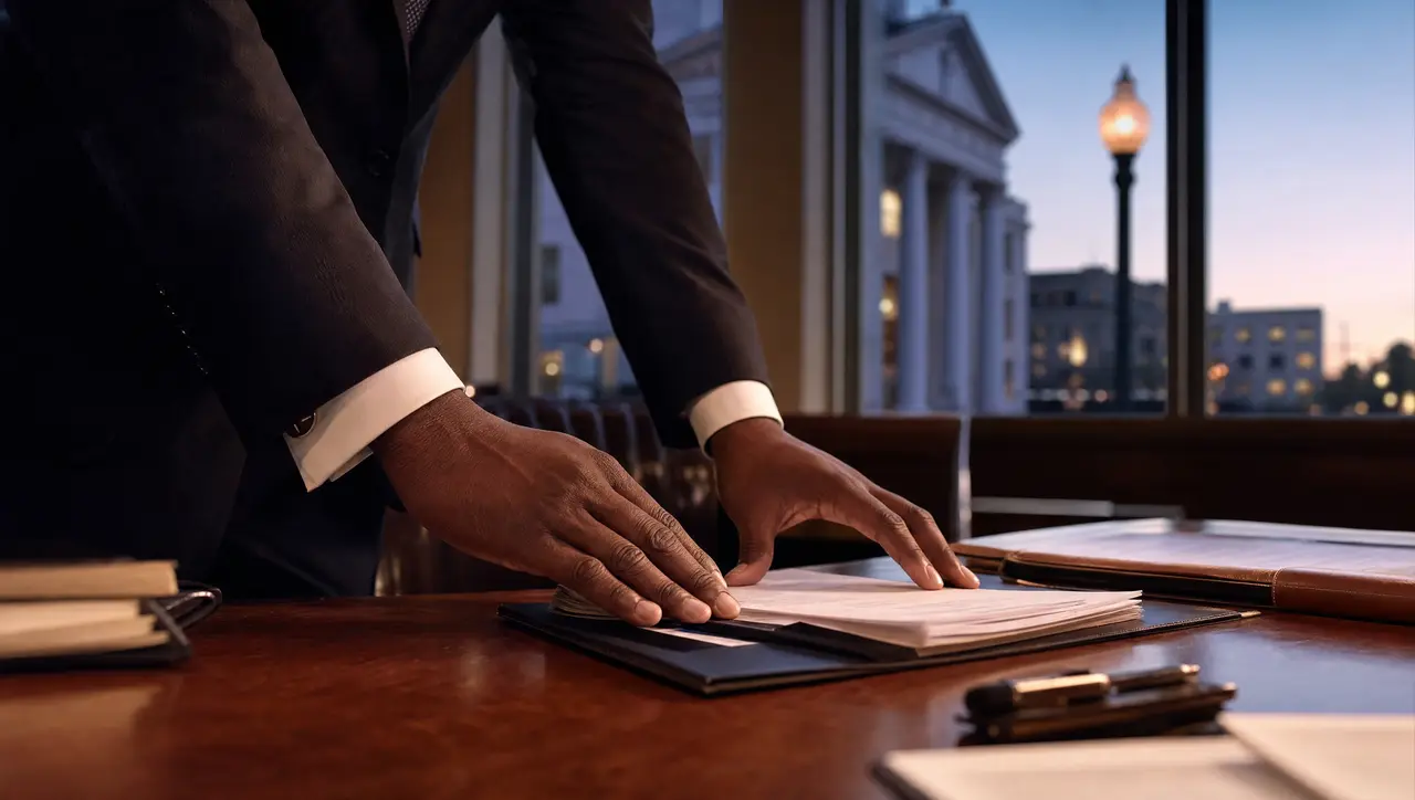 A Black attorney's hands arrange case documents on a polished wooden table, a columned courthouse visible through the window at dusk.