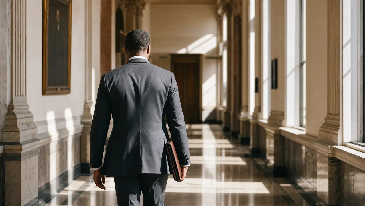 A Black attorney in a charcoal suit walks away down a sunlit marble courthouse corridor, carrying a leather portfolio, seen from behind.