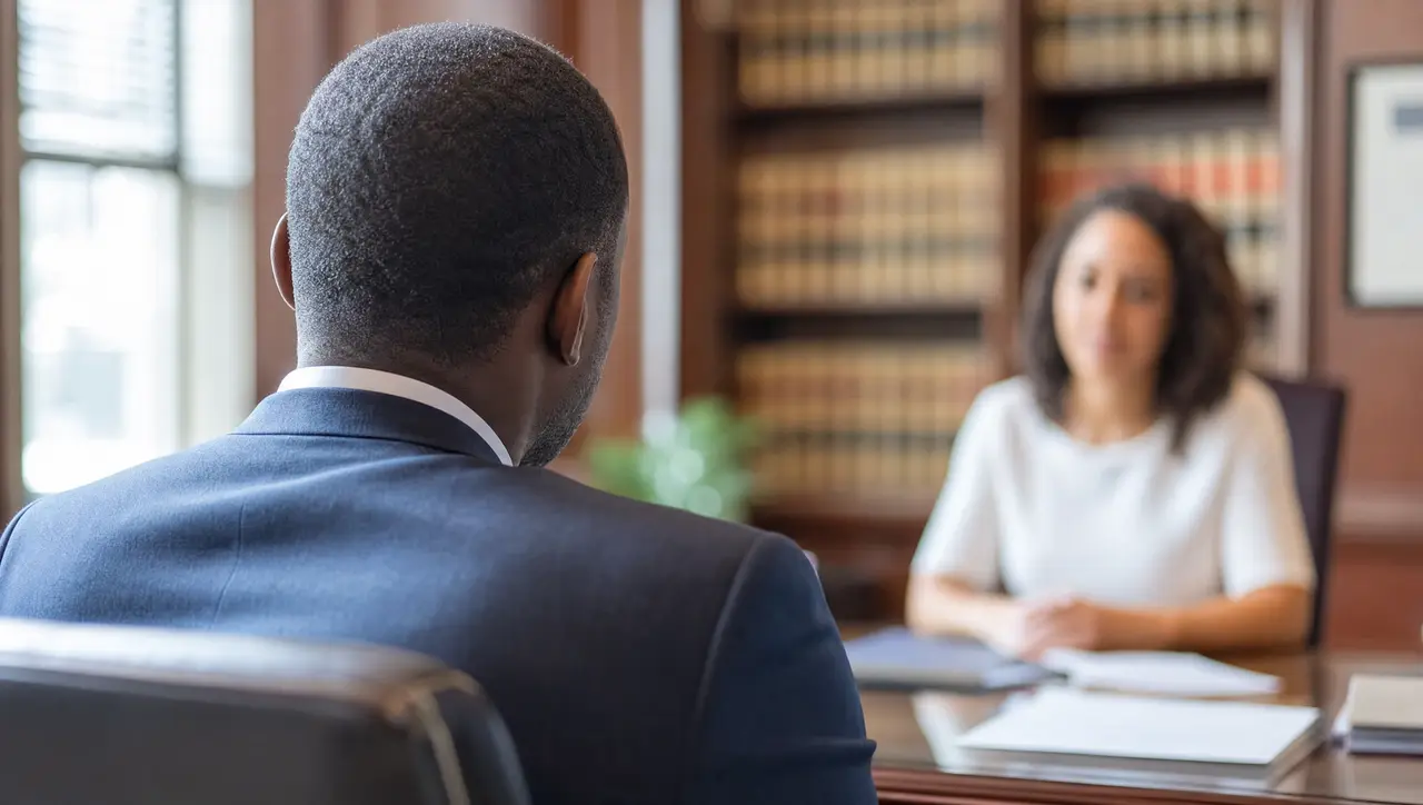 A Black attorney sits across a desk from a client in a warm office lined with law books, photographed from behind the attorney.