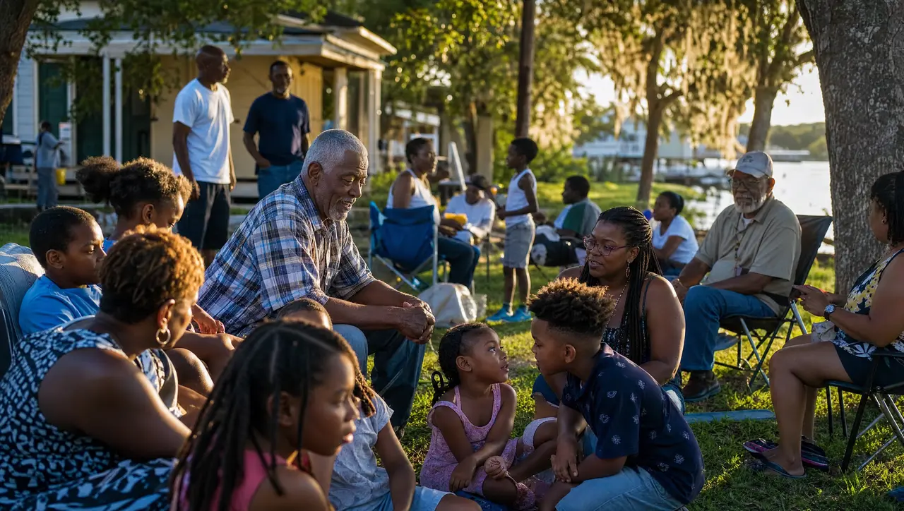 Several generations of an African American community sit together outdoors near the water in warm late-afternoon light, elders talking with children.